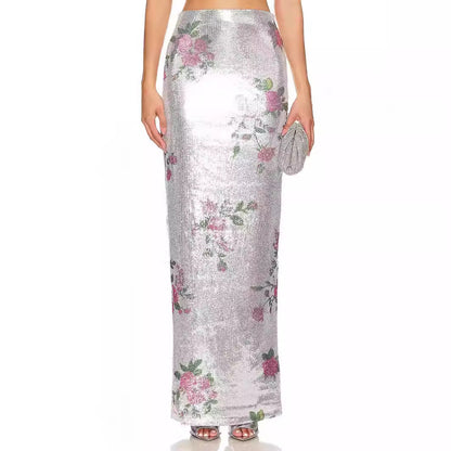 Romantic Vacation Fresh Retro Printed Thin Mesh Skirt Summer Elegant Casual Skirt Sequins