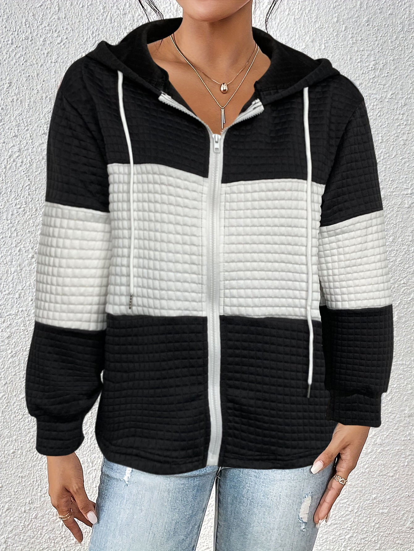 Autumn Winter Women Hoodie Contrast Color Plaid Long Sleeve Casual Hoodies