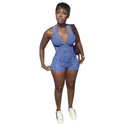 Women Sexy Casual Sexy Zipper Fried Wash Distressed Jumpsuit