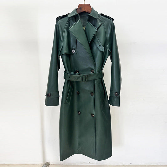 Double Breasted Series Belt Slim Mid Length Leather Wind Coat Coat