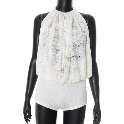 Women Elegant Lace Hollow Out Cutout out Rope Sleeveless Bare Back Romper Women