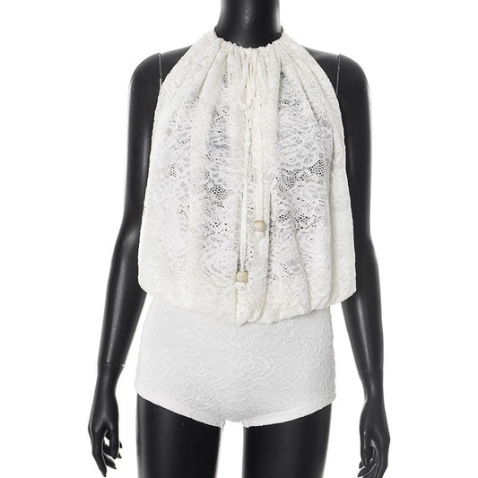 Women Elegant Lace Hollow Out Cutout out Rope Sleeveless Bare Back Romper Women