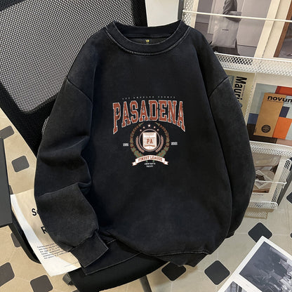 Autumn Winter Washable Cotton Cotton Cotton Composite Long Sleeved T shirt Special Interest Design Distressed Waxed round Neck Sweater