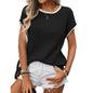 Women Round Neck Collar with Contrast Color Top Sweater with Short Sleeves