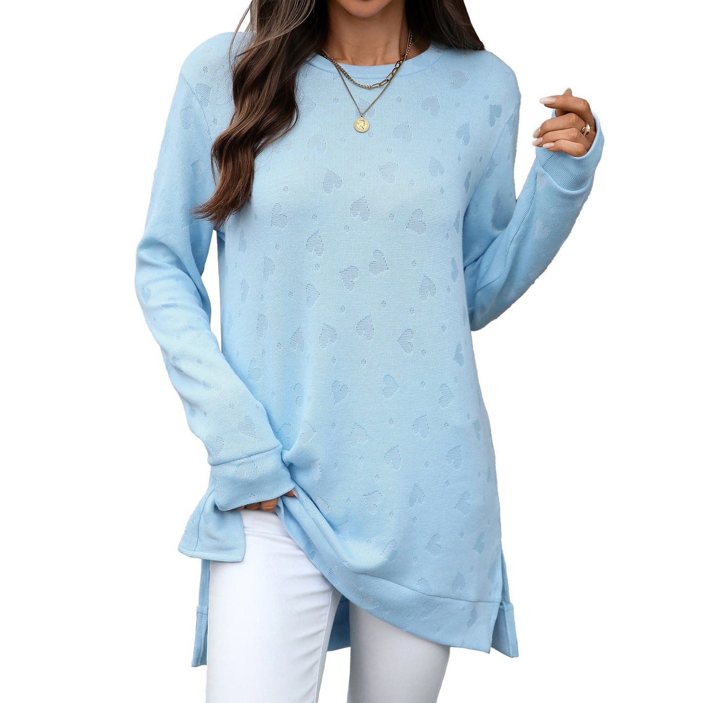 Autumn Winter Solid Color round Neck Loose Long Sleeve Split T shirt Top Women