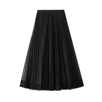 Two Way Wear Mesh Skirt Women Autumn Winter Elastic High Waist Mid-Length A line Pleated Skirt