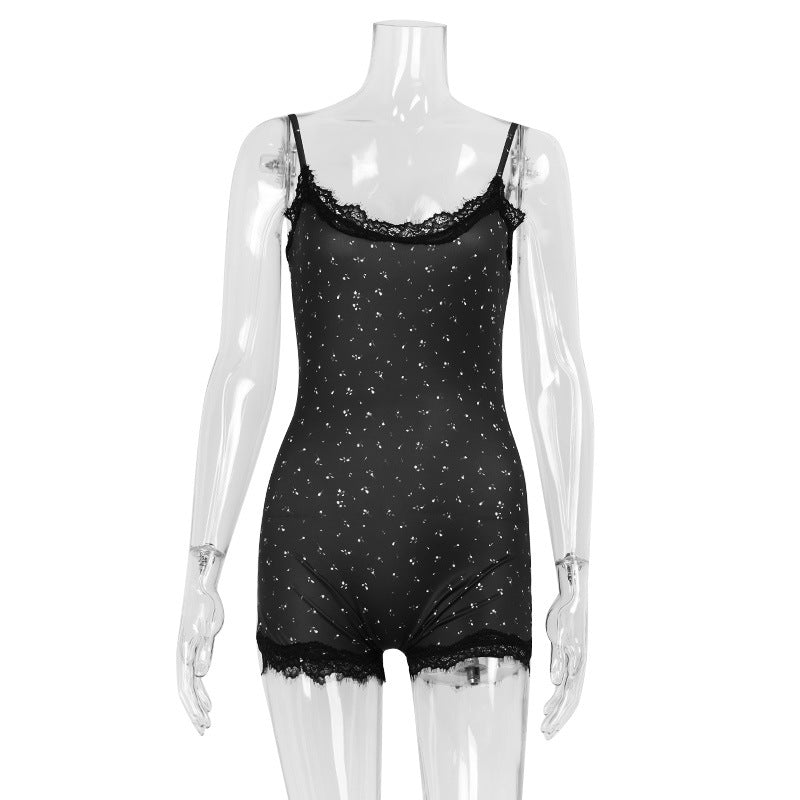 Women Lace Slim Fit Patchwork Strap Floral Jumpsuit Shorts Sweet Women