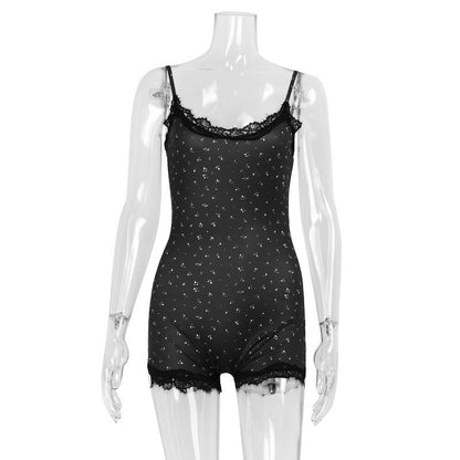 Women Lace Slim Fit Patchwork Strap Floral Jumpsuit Shorts Sweet Women