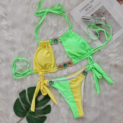 Baizi Crystal Diamond Bikini Sexy Patchwork Strap Women Split Swimsuit