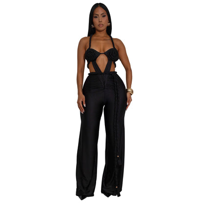 Women Wear Solid Color Sexy Bandeau Backless Lace up Jumpsuit