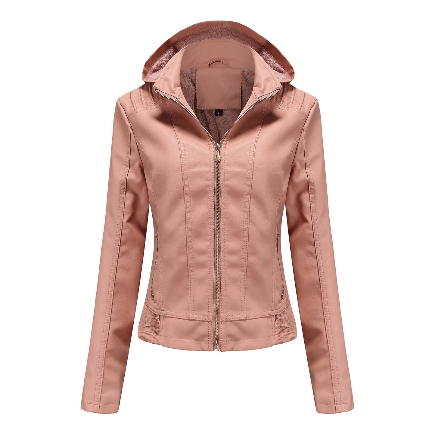 Fall Winter Hooded Leather Coat Women's Detachable Hat Long Sleeve Zipper Fleece-Lined Leather Jacket Slim Coat