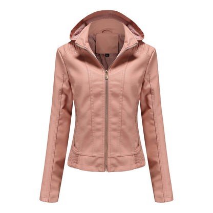 Fall Winter Hooded Leather Coat Women's Detachable Hat Long Sleeve Zipper Fleece-Lined Leather Jacket Slim Coat