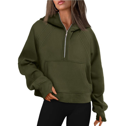 Half Zipper Pullover Hooded Sweatshirt Fleece Short Chic Scuba Sweater for Women