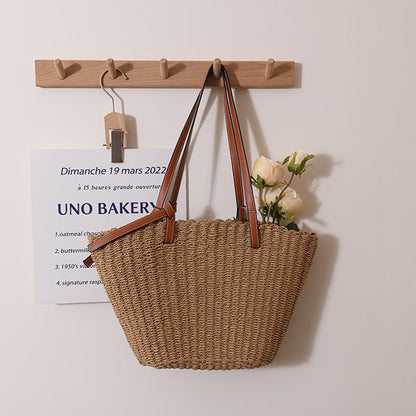 Simple Shoulder Straw Bag Large Capacity Woven Tote Women Bag Seaside Vacation Beach Bag