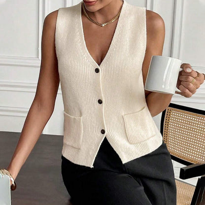 Solid Color Single Breasted Sweater Vest Summer V neck Pocket Knitted Vest