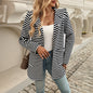 Autumn Winter Elegant Striped Cardigan Hooded Knitted Long Sleeved Coat Women Clothing