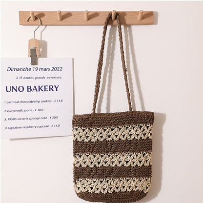 French Hollow Out Cutout Straw Bag Woven Bag One Shoulder Portable Large Capacity Handmade Women Bag Summer Seaside Vacation Beach Bag