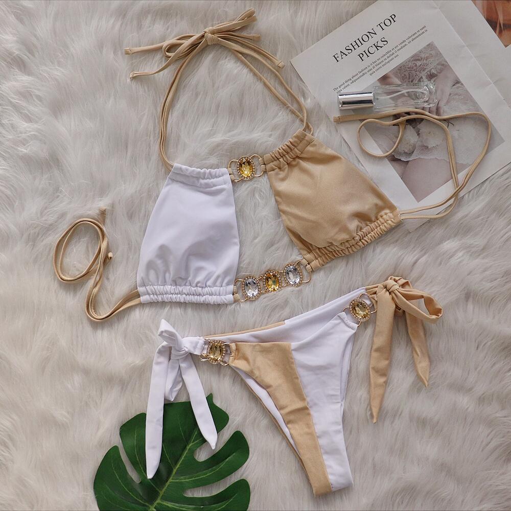 Baizi Crystal Diamond Bikini Sexy Patchwork Strap Women Split Swimsuit