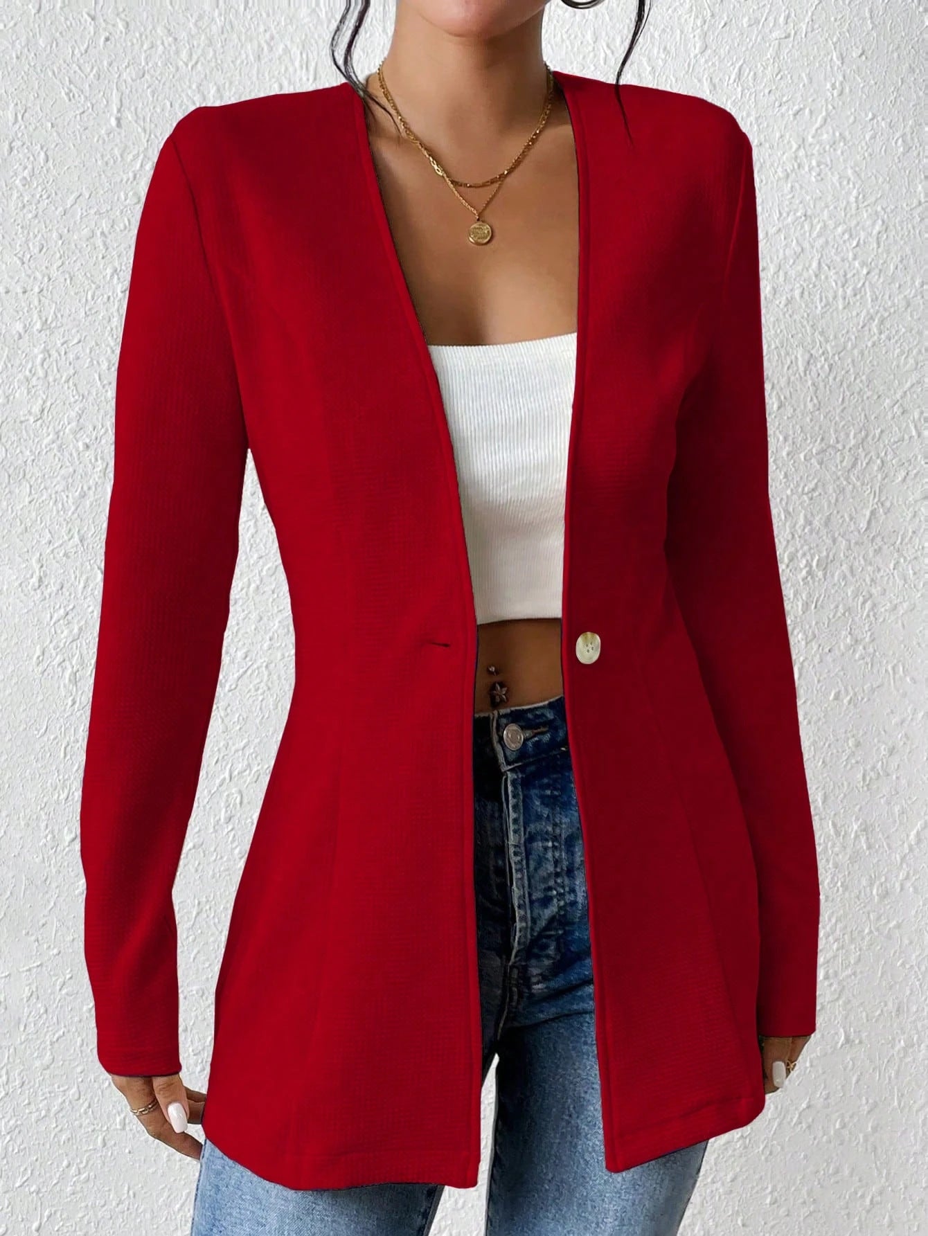 Fashionable V neck One Button Solid Color Long Sleeve Small Blazer