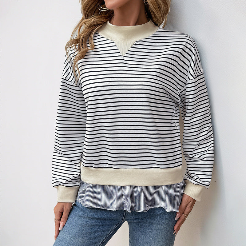 Casual Date Office Half Turtleneck Loose Striped Faux Two Pieces Sweater Women