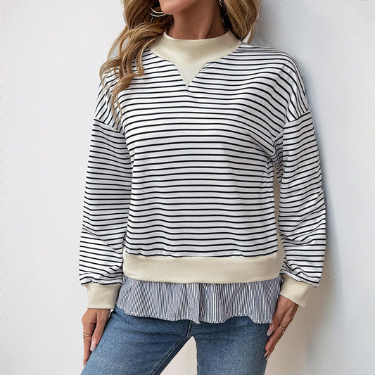 Casual Date Office Half Turtleneck Loose Striped Faux Two Pieces Sweater Women