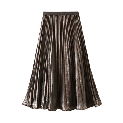 Thin Glittering Pearlescent Pleated Puffy Skirt for Women Autumn Elegant Drape Organ Pleated