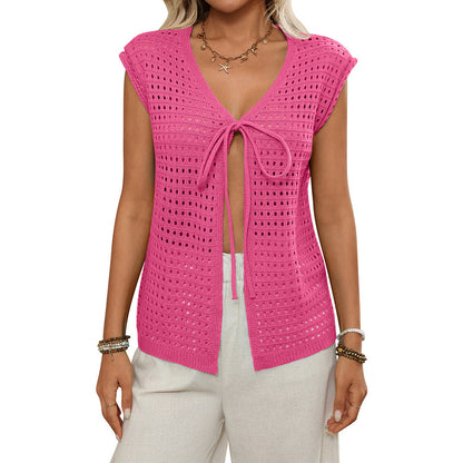 Women Clothing Hollow Out Cutout out Sweater Short Sleeved Knitted Cardigan Holiday Lace up Blouse