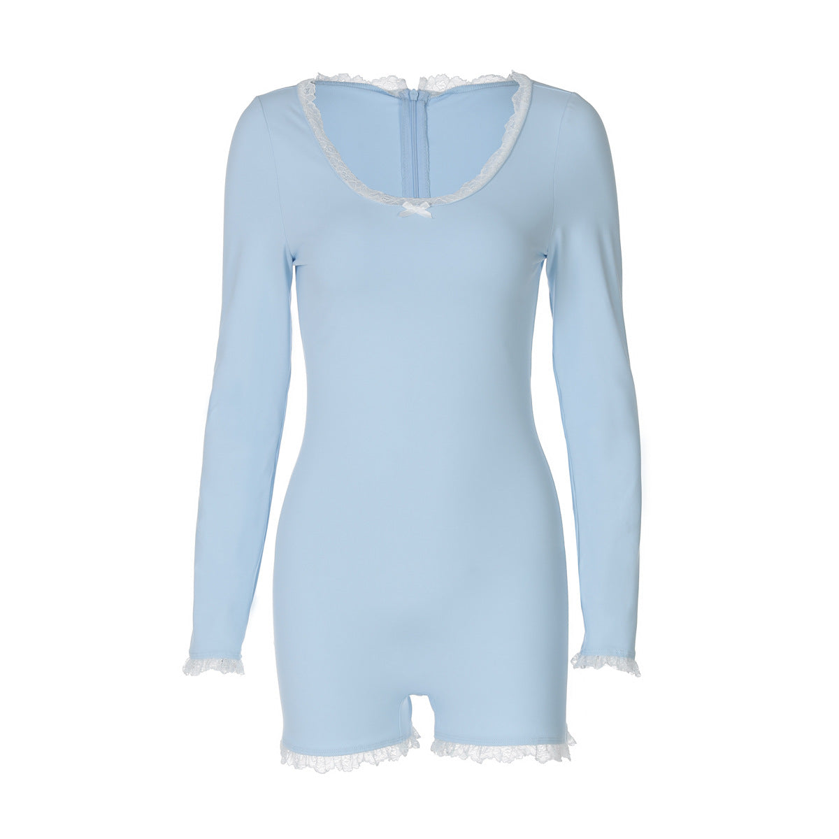 Women Clothing Autumn Sexy U Collar Lace Stitching Back Zipper Slim Fit Long Sleeve Jumpsuit