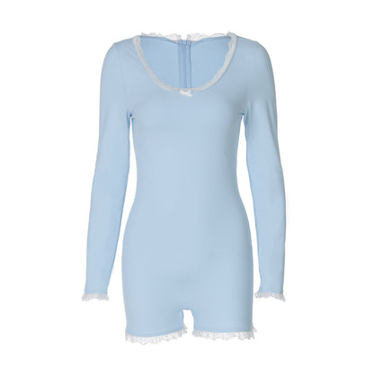 Women Clothing Autumn Sexy U Collar Lace Stitching Back Zipper Slim Fit Long Sleeve Jumpsuit