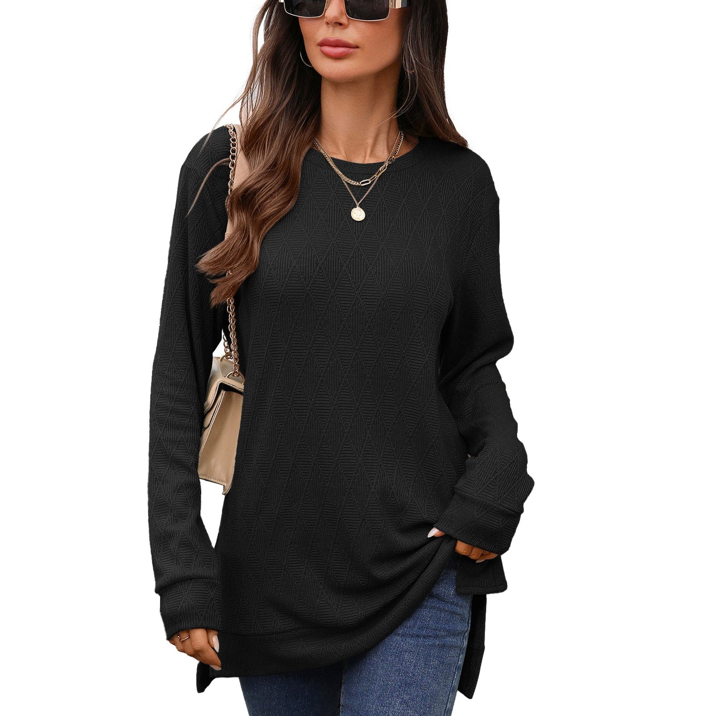 Autumn Winter round Neck Geometric Abstract Jacquard Loose Fitting Long Sleeved T shirt Top Women