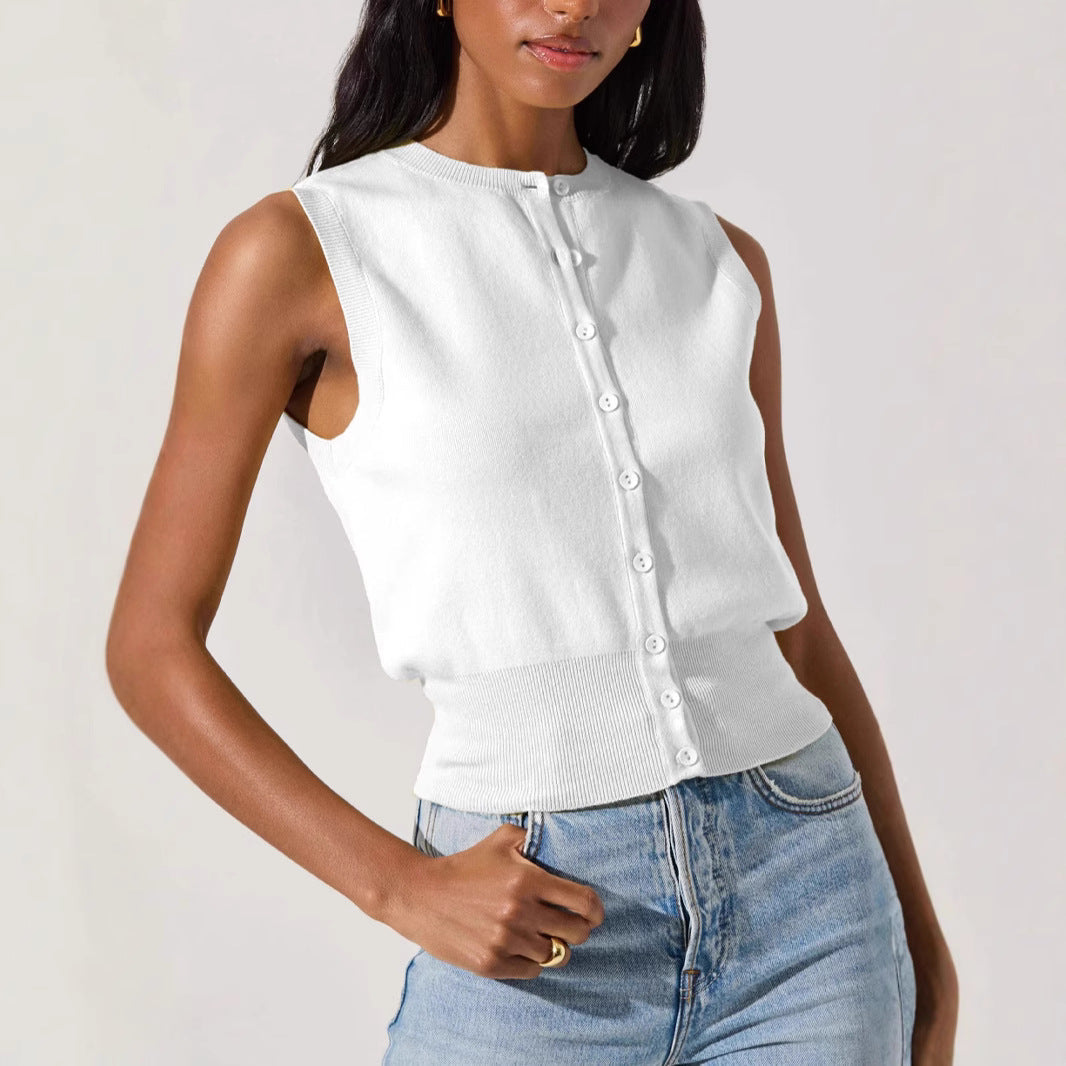 Summer Knitted Top Women Sexy Sleeveless Outer Wear Button Vest Jacket Women