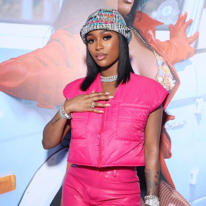 Winter Solid Color Sleeveless Zipper Pocket Casual Women Clothing Cotton Padded Jacket Vest Top