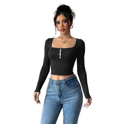 Autumn Sexy Square Collar off Shoulder Long Sleeve Women tretch Tight Cropped T shirt