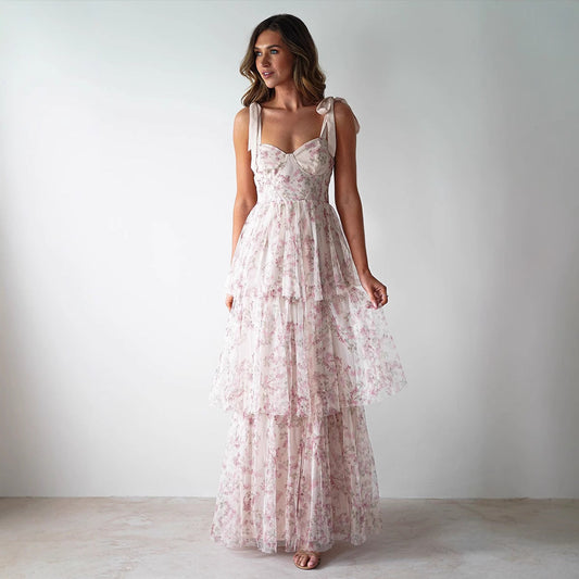 Middle East Sexy Sling Backless Cake Pink Floral Dress