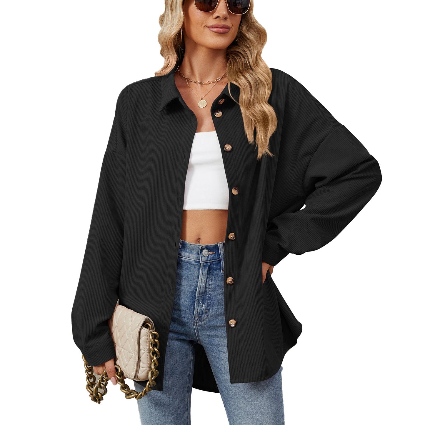 Autumn Winter Solid Color Polo Collar Button Long Sleeve Loose Fitting Shacket for Women