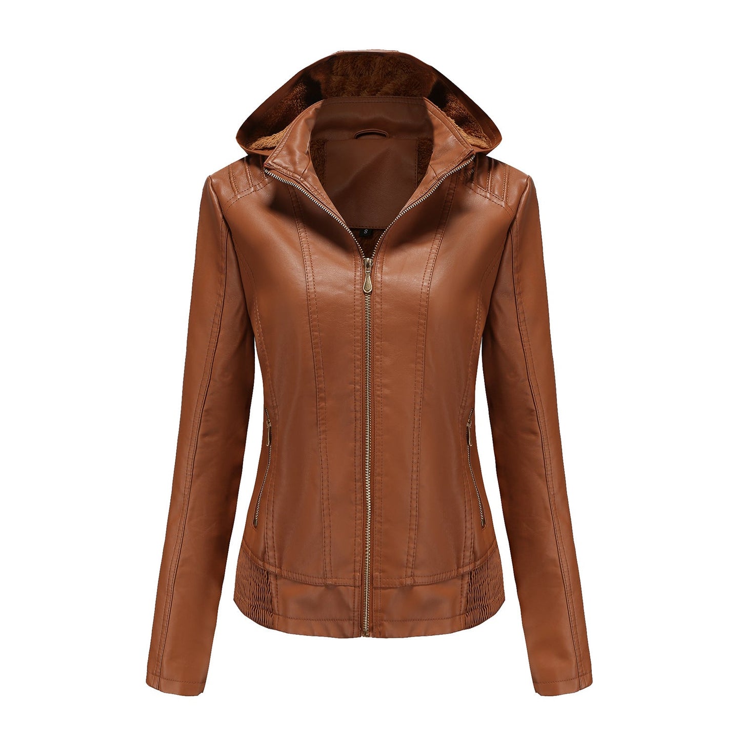 Fall Winter Hooded Leather Coat Women's Detachable Hat Long Sleeve Zipper Fleece-Lined Leather Jacket Slim Coat
