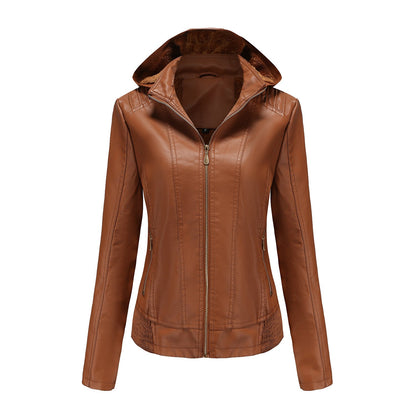 Fall Winter Hooded Leather Coat Women's Detachable Hat Long Sleeve Zipper Fleece-Lined Leather Jacket Slim Coat