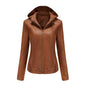 Fall Winter Hooded Leather Coat Women's Detachable Hat Long Sleeve Zipper Fleece-Lined Leather Jacket Slim Coat