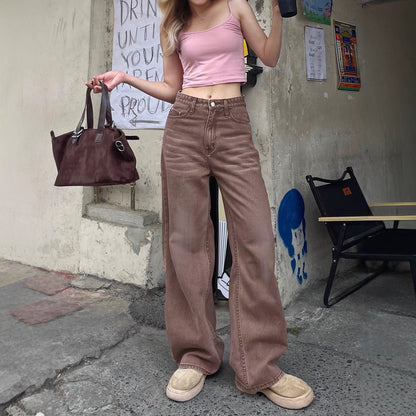 Non Elastic Wide Leg Three Dimensional Cat Beard Denim Candy Color Brown Colored Trousers