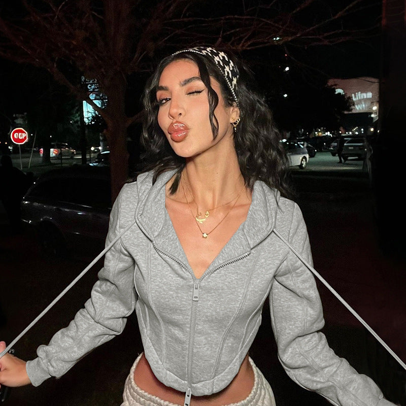 Women Clothing Fall Solid Color Short Zipper Cardigan Hoodie Coat