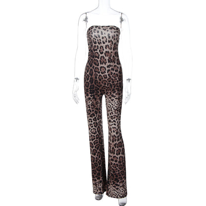 Women Clothing Autumn Leopard Print Slim Trousers Tube Top Jumpsuit