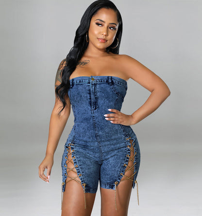 Women Clothing Spring Wear Copper Chain Sexy off the Shoulder Denim Dress Romper