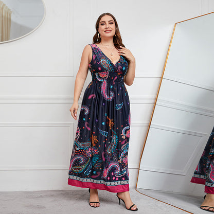 Plus Size Dress Deep V-neck Elastic Waist Girls Cinched Slimming Maxi Dress