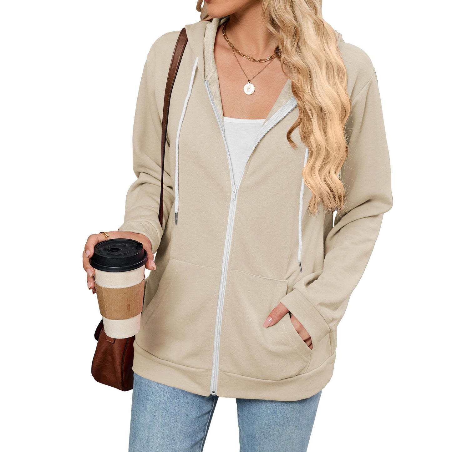 Autumn Winter Contrast Color Zipper Hooded Pocket Long Sleeve Women Top