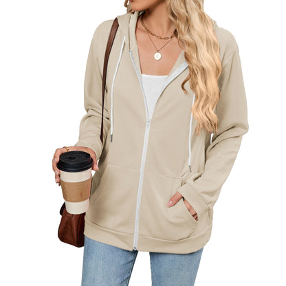 Autumn Winter Contrast Color Zipper Hooded Pocket Long Sleeve Women Top