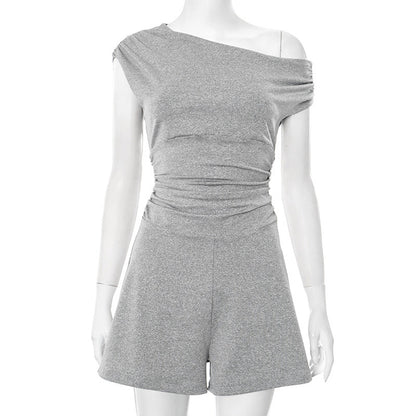 Women Clothing Spring Summer Crossbody off the Shoulder Pleated Bow Waist Tie Romper