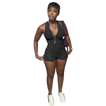 Women Sexy Casual Sexy Zipper Fried Wash Distressed Jumpsuit