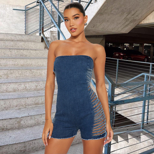 Sexy Cutout Hole Zipper Corset Stretch Denim Wash Jumpsuit