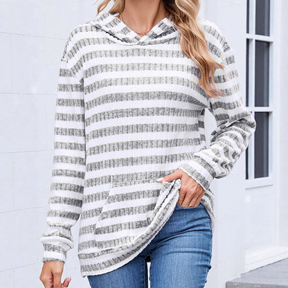 Fall Winter Striped Hooded Top Pocket Loose Long Sleeve Sweatershirt Women
