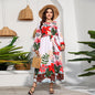 Plus Size Printed Long Sleeve Dress High Waist Lace up Vacation Swing Maxi Dress